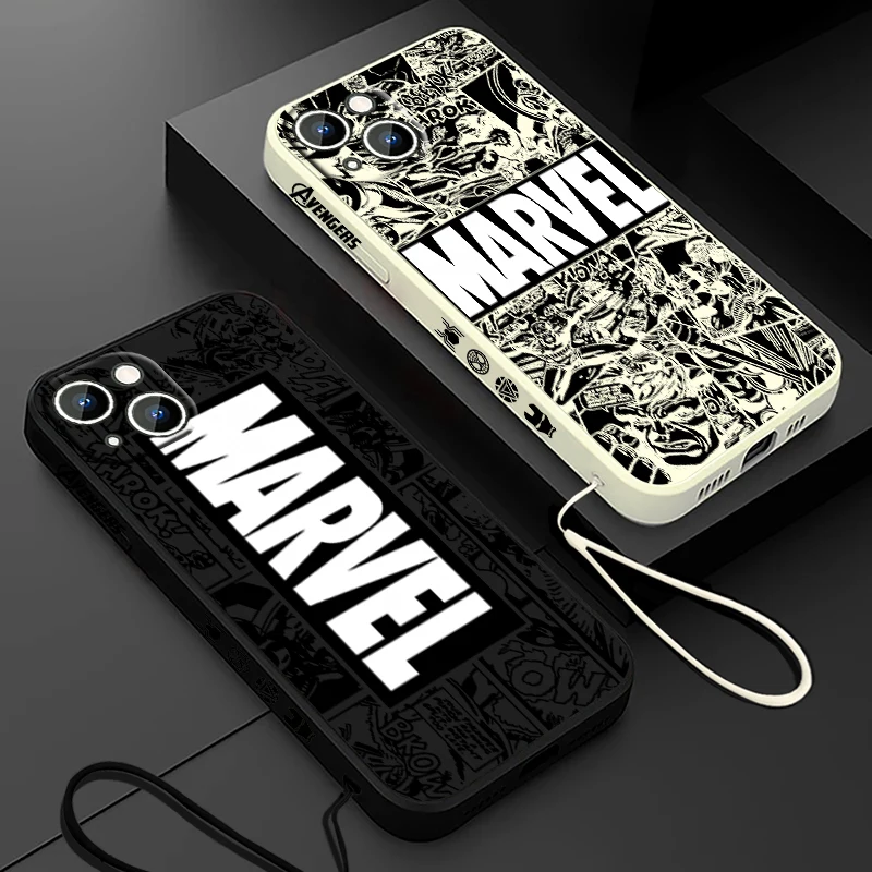 Avengers Marvel Art Comics Phone Case For Apple iPhone 15 14 13 12 11 Pro Max Plus 8 7 SE Liquid Left Rope Capa Cover