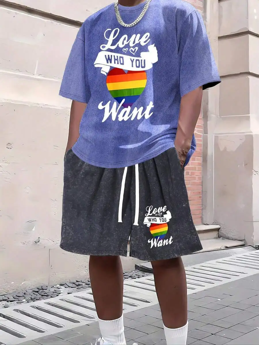 

Mens Streetwear Love Who You Want Rainbow Heart Graphic Washed Cotton Tee And Shorts Set