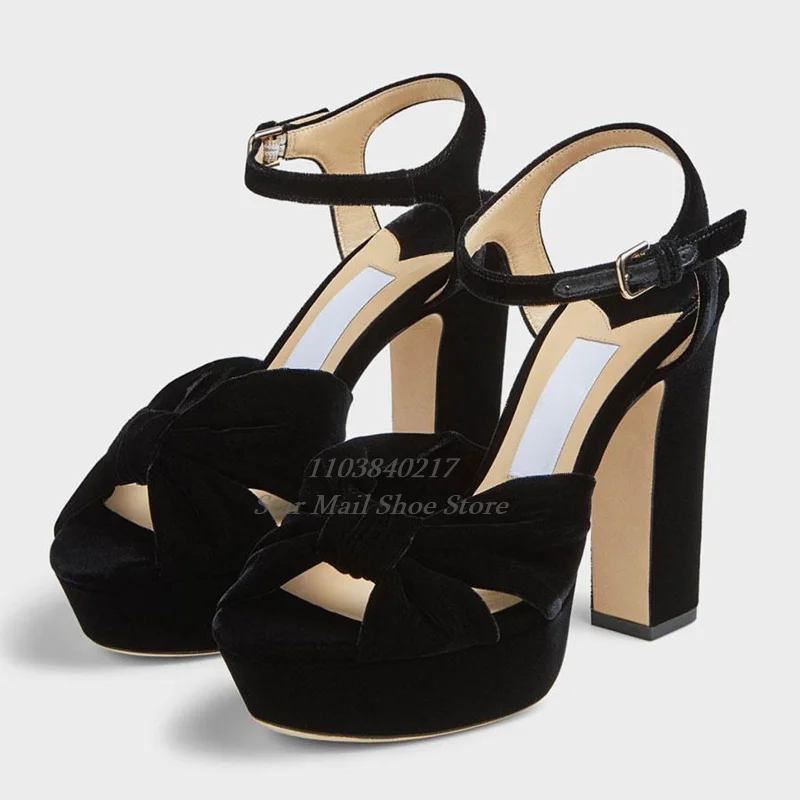 Knotted Strap Platform Sandals Round Toe Peep Toe Chunky Heel Super High Heels Ankle Strap Buckle Women Elegant Dress High Heels