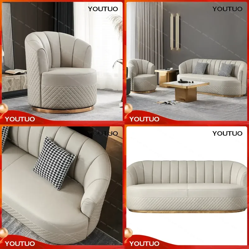  Light Luxury Rhombus Quilting Rotating Single Leather Sofa Chair Group Living Room Study Modern Simple Leisure Single