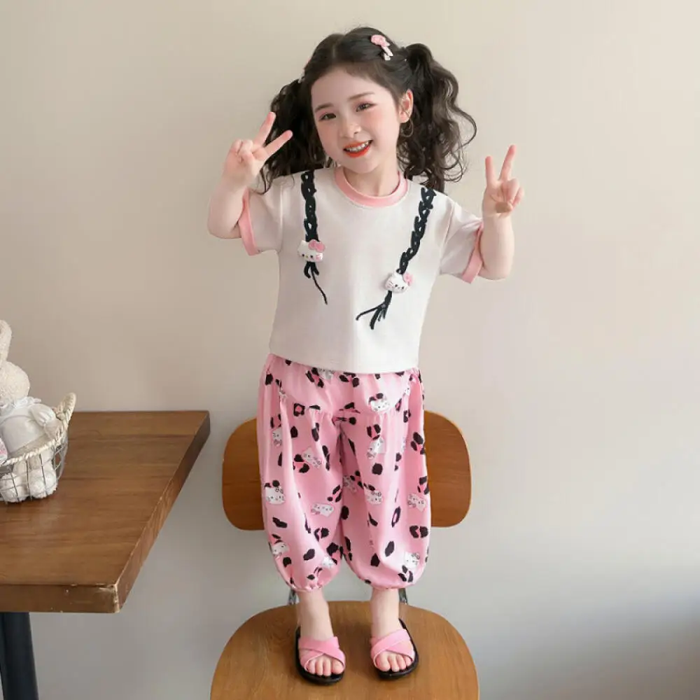 

Sanrio Hello Kitty 2026 New Summer Style Korean Style Cartoon Cat Short-Sleeved T-Anti-Mosquito Pants Set Comfortable Casual