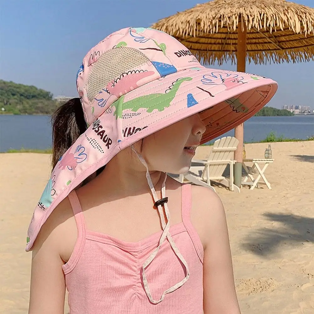 Sombrero de sombrilla de poliéster para niños, cubierta de oreja de cuello con chal para niños, sombrero de Sol de ala ancha, gorra portátil con solapa de viaje, nuevo