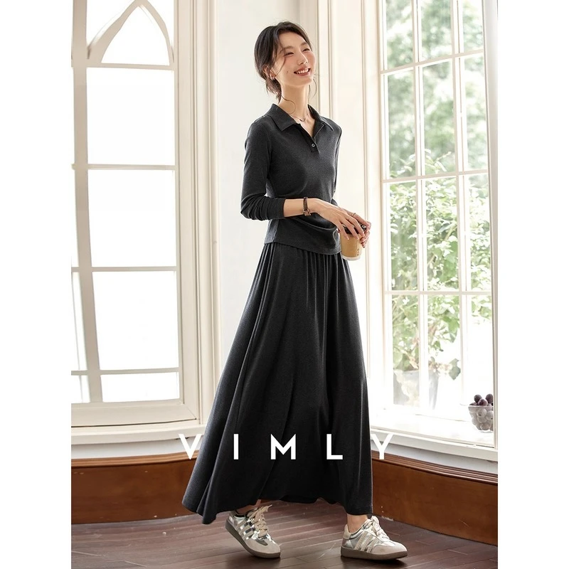 

VIMLY Woman Skirt Sets Two Pieces Casual Autumn 2025 Polo Neck Knitted Tops Long A-line Skirts Loose Elegant Women's Suits A2566