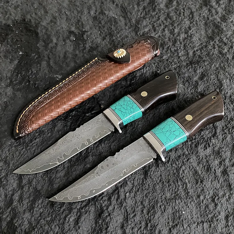 

Нож из дамасской стали с фиксированным лезвием, черное дерево, открытый кемпинг, охотничий инструмент, нож для выживания с кожаным чехлом