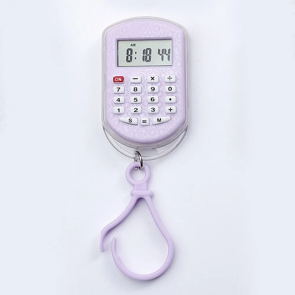Portable Mini Calculator Time Display Silent Button Keychain Calculator Lightweight 8 Digits Display Calculator Pendant