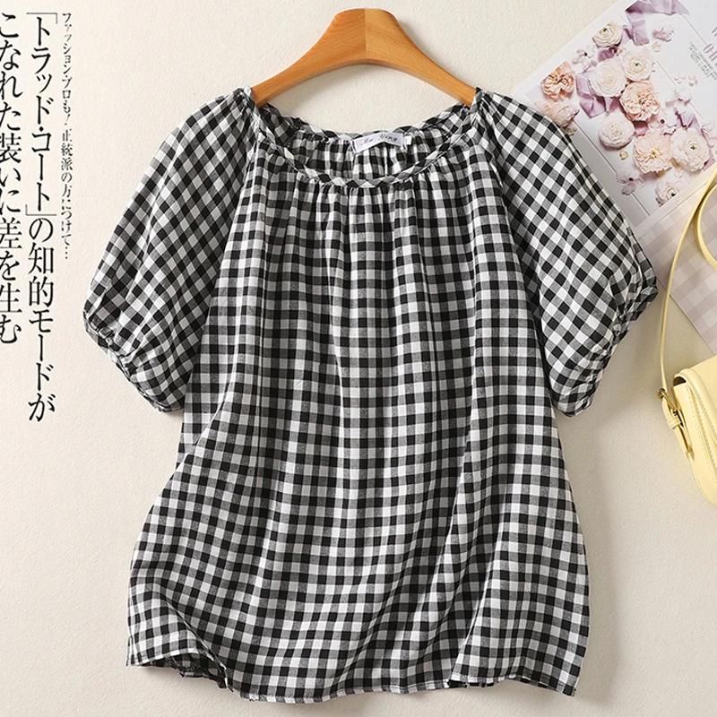 

Classical Plaided T-shirt for Women Summer New Fashion Short Sleeve O-neck Loose Casual Cotton Linen Blouse Female Daily Tops