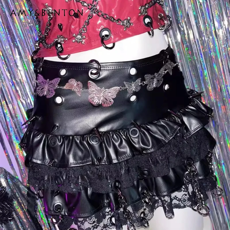 

Punk Dark Y2K Hot Girl Lace Rivet Chain Women's Mini Skirt Original Design Versatile Black PU Leather Cake Short Skirts Ladies