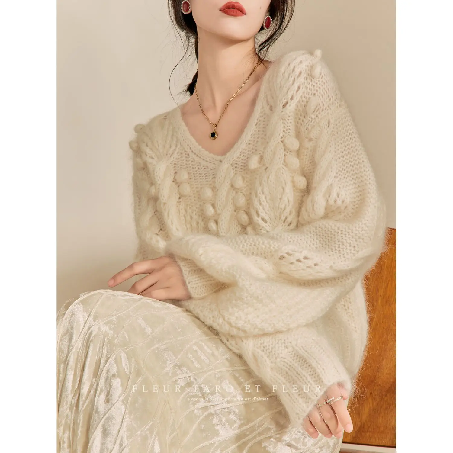 

Korea Pullover Sweater Women V-Neck Long Sleeve Knitwear Woman Autumn Lazy Style Sweet Loose Knit Top