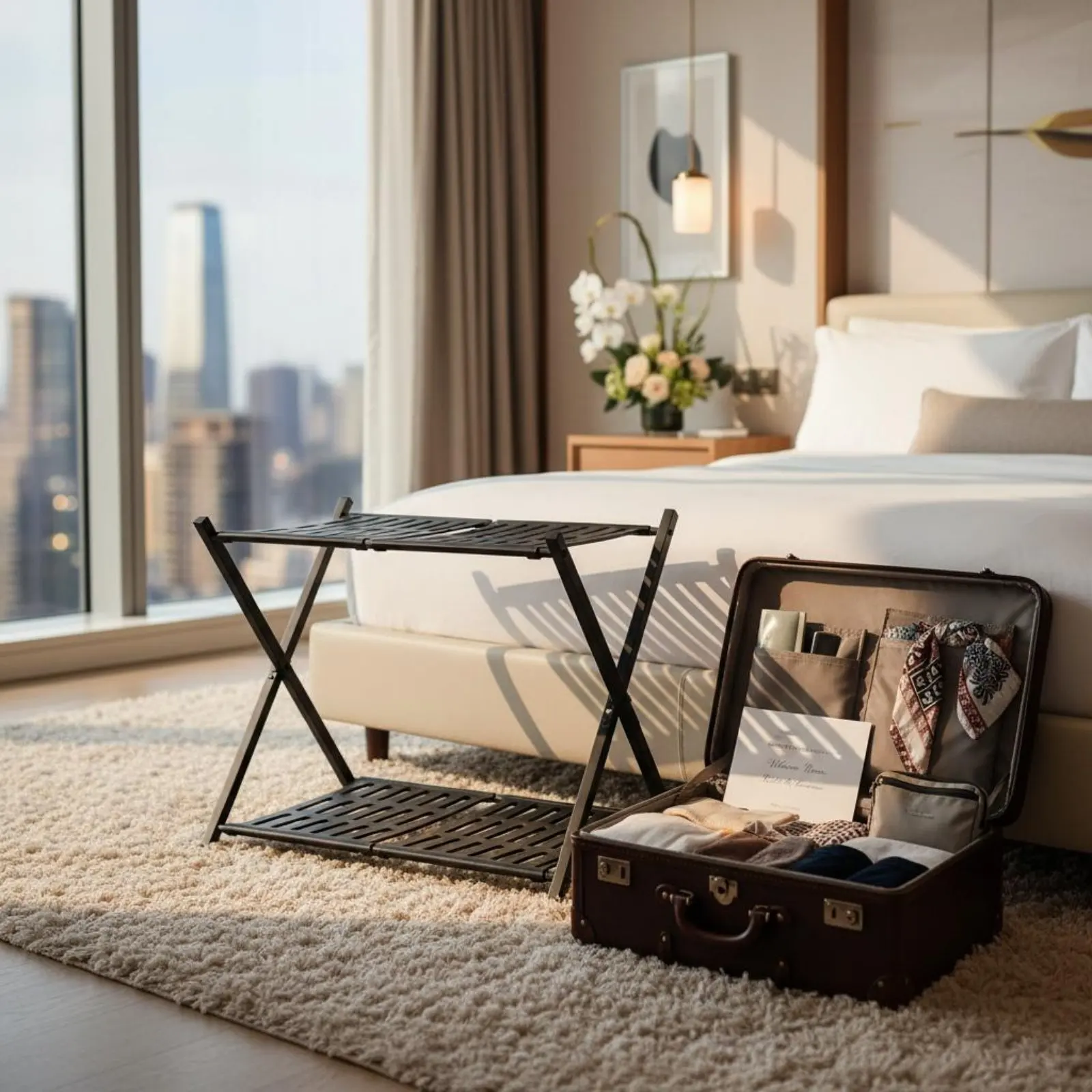 折りたたみ式荷物ラック-省スペース折りたたみ式荷物ラック-2段x字型デザイン棚-頑丈な収納家具-長持ちする家具