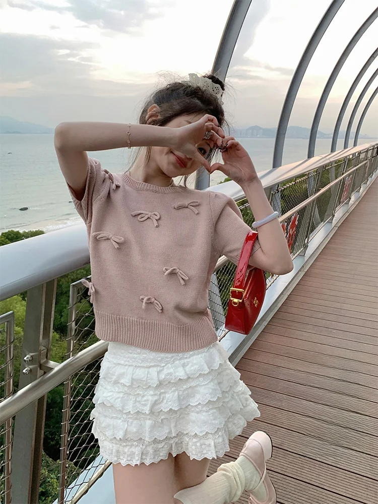 

Женский вязаный топ Anneop Early Spring Sweet Sle в корейском стиле, свободного кроя, с коротким рукавом, с узлом и маленькой сумочкой