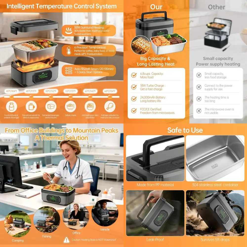 

Перезаряжаемый электрический ланч-бокс емкостью 24000 мАч, емкость 1,6 л, портативный подогреватель еды с таймером для взрослых — идеально подходит для офиса, автомобиля, тре