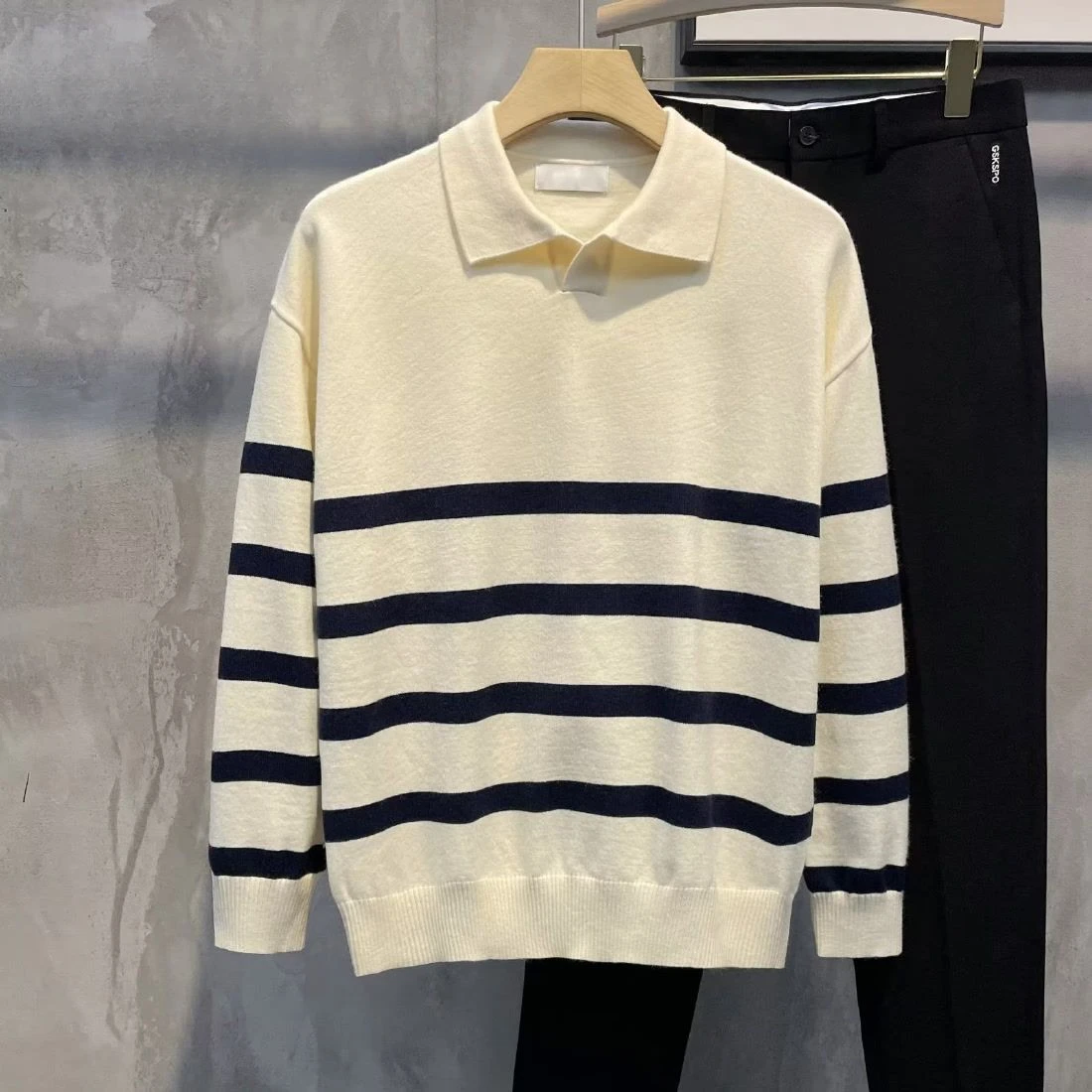 Men's Clothing Collared Knit Sweater Male Japanese Harajuku Fashion Beige Striped Pullovers Y2k Vintage Cotton Designer Luxury X