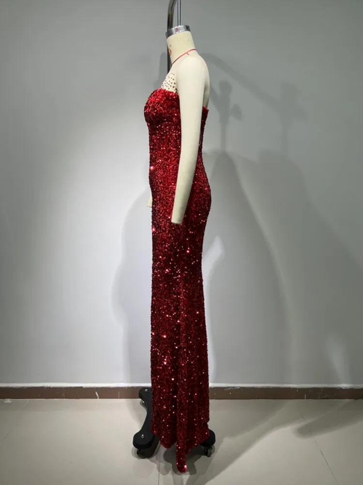 2024 New Arrival Red Color Women Sleeveless Sexy O-Neck Bodycon Long Dress Shinning Sequins Wedding Mermaid Party Dress