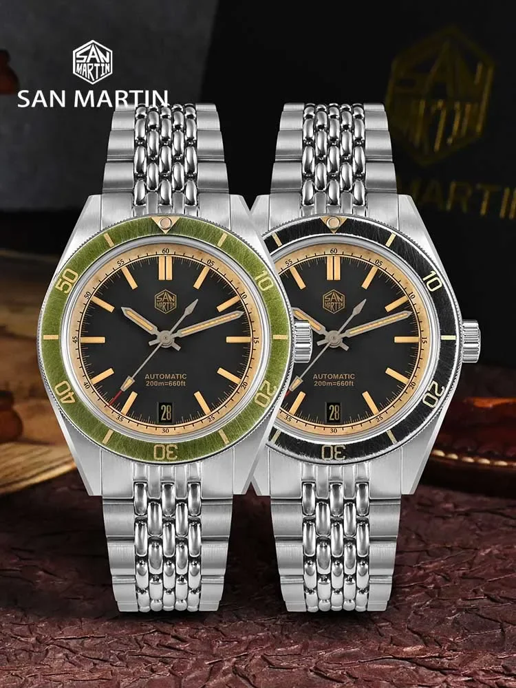 San Martin 39.5mm Dive Watch Vintage Distressed Effect NH35 Automatic Mechanical Watches Sapphire C3 Luminous Wristwatch SN0116