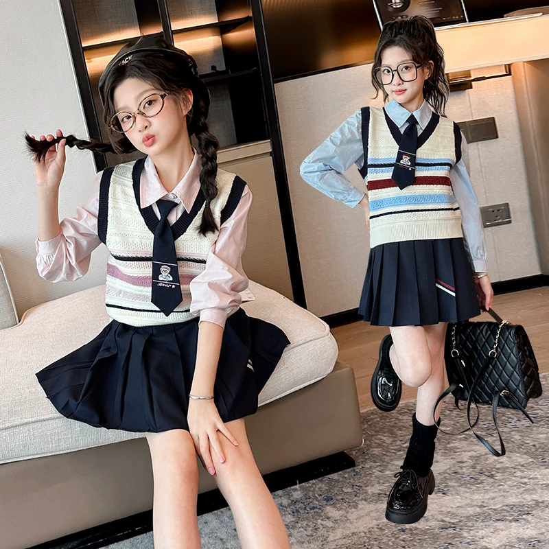 spring teen girls JK clothes set cotton shirt+tie+Pleated skirt Knitted vest 2/3pcs Preppy style junior kids suit child outfits