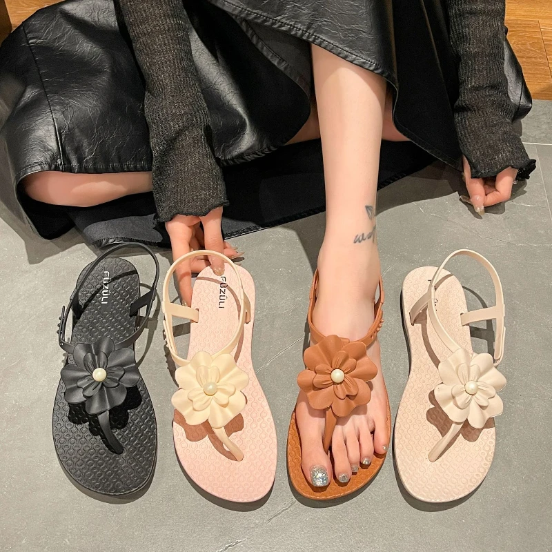 

Women Summer Flat Sandals Leisure Beach Bohemian Flip Flops Soft PVC Cute Flower Girls Student Daily Walking Sandalias