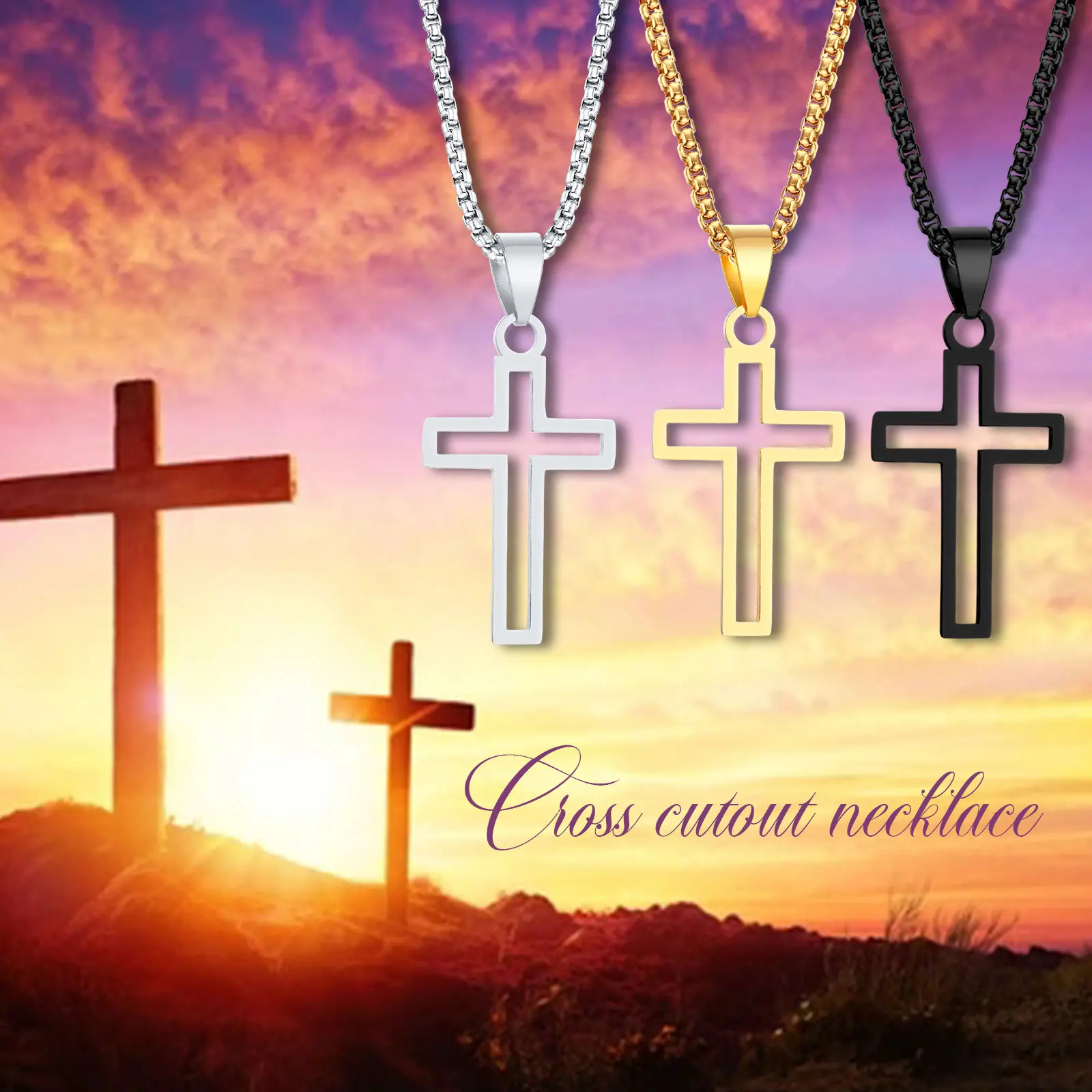 Collares de Cruz recortados para hombre, Collar con colgante de Cruz hueca de acero inoxidable impermeable, joyería de regalo de Cristo de fe