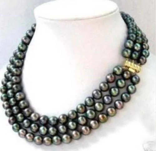 

very good 3 Row Freshwater 7-8MM Black akoya Pearl Necklace 17-19" NATURAL gold plated wholesale