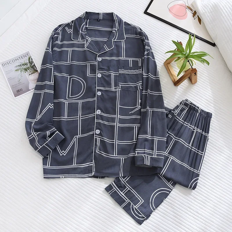 Spring and summer new men\'s pajamas long-sleeved trousers two-piece set 100% viscose thin homewear set cardigan large size sleep