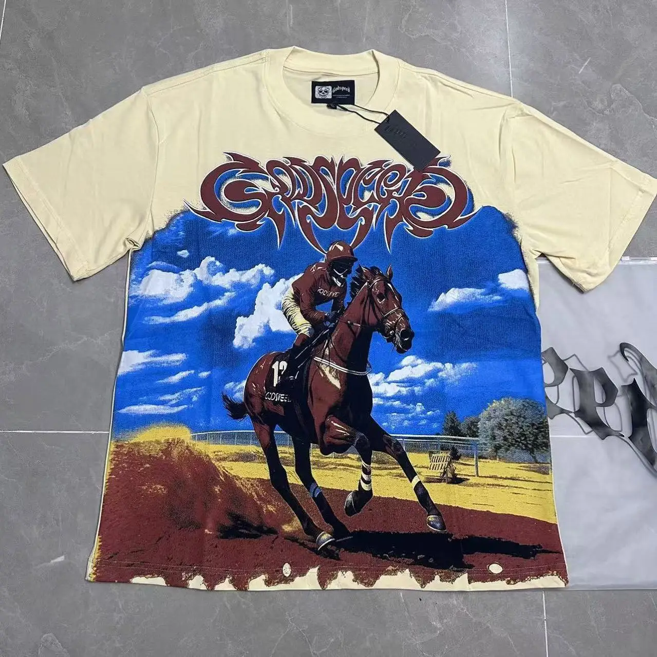 American Style Godspeed Skeleton  Tamer Print T-Shirt Loose Fit round Neck Heavyweight Pure Cotton Short Sleeve Streetwear