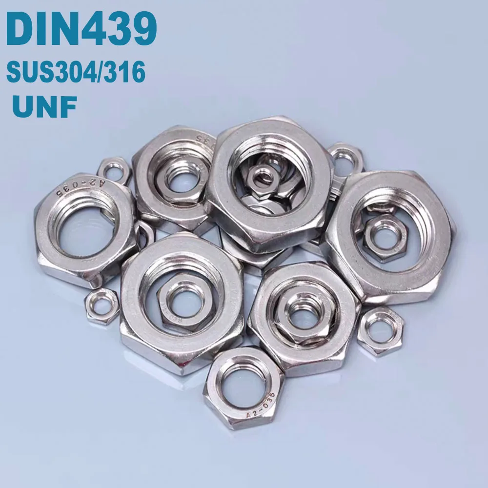 DIN439 GB6173 Hex Thin Nuts 1/4 5/16 3/8 7/16 1/2  to 3/4 UNF Thread SUS304 / SUS316 Stainless Steel Hex Ultra-thin Nut