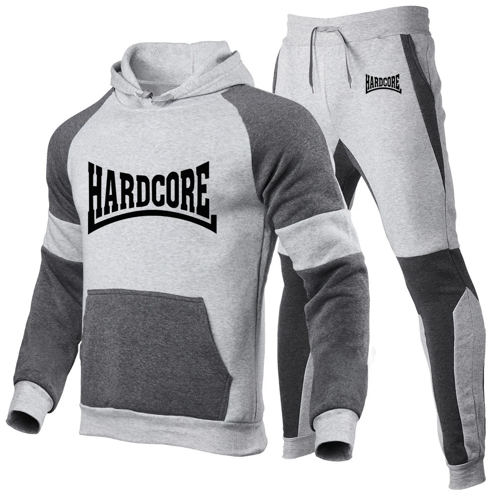 Hardcore marca masculina primavera e outono novos ternos impressão casual pulôver cor combinando com capuz + moletom conjunto de duas peças