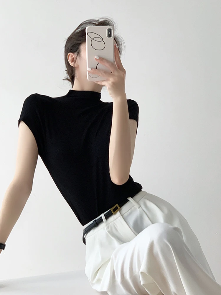 Elegant Black High Collar Short Sleeve T-Shirt Slimming Top Fashionable Summer New Arrival Women's Premium Feeling Clothing