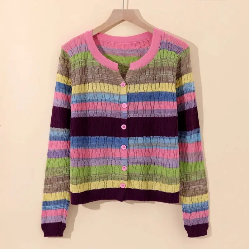 Multi-Color Rainbow Striped V-Neck Knit Chic Long Sleeve Women\'s Cardigan Single Breasted Sweater Cardigan For Women Clothing