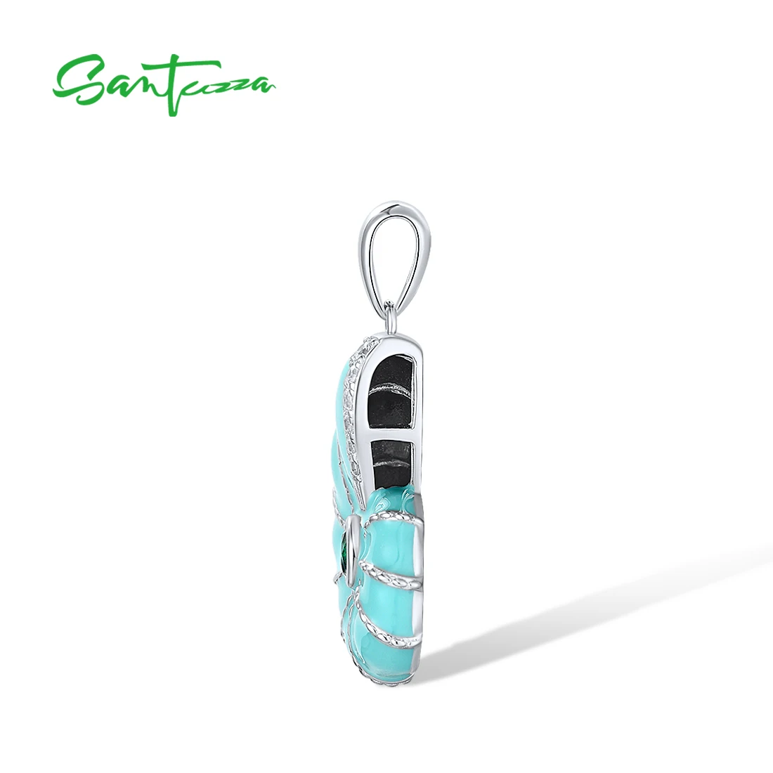 SANTUZZA Pure 925 Sterling Silver Pendant for Women Sparkling Green Spinel Enamel Cute Sea Snail Trendy Party Gift Fine Jewelry