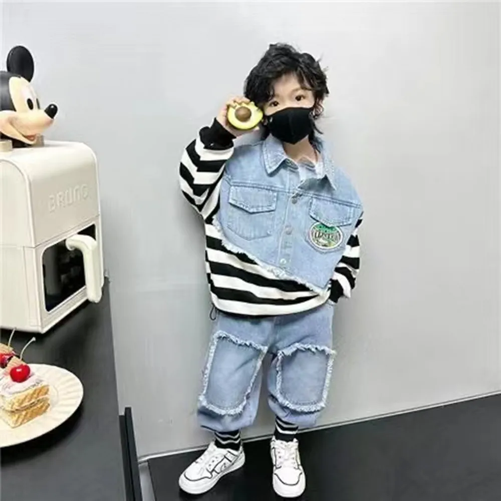 Boys Clothing Sets New Fashion Spring Autumn T-shirt + Denim Pants 2Pcs Patchwork Clothing For Children 5 6 8 Year