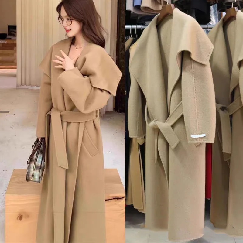 Autumn Winter Women Long Woolen Coat New High End Elegant Double-sided Big Lapel Collor Loose Wool Overcoat Belt Jacket