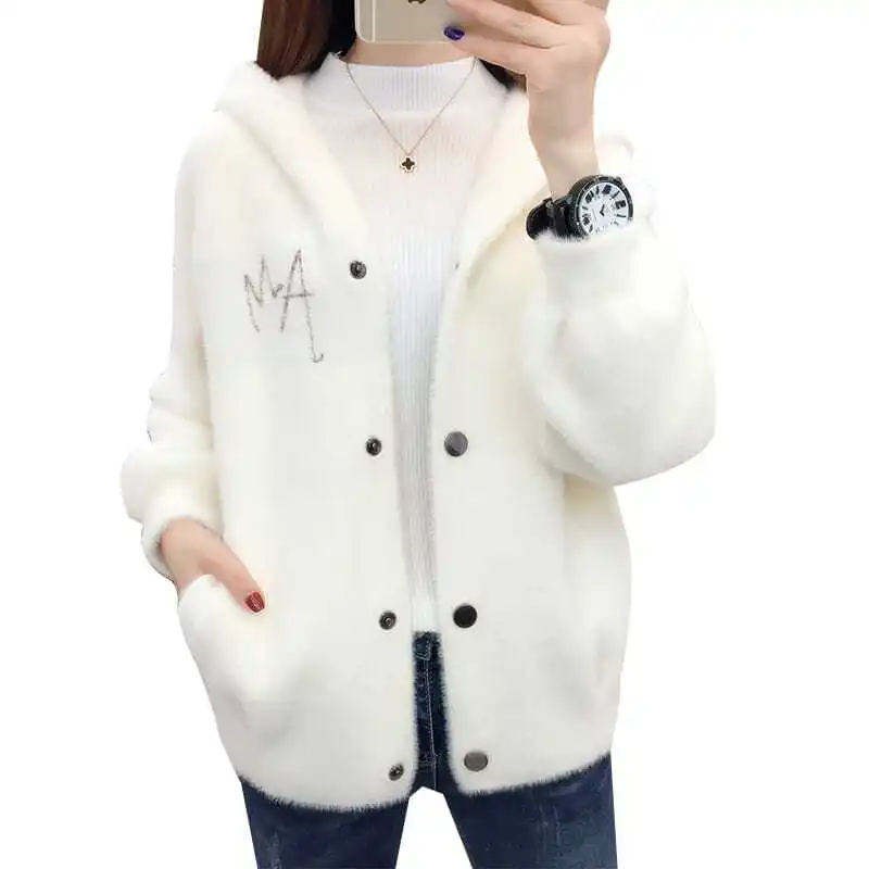 2022 New Hooded Thick Imitation Mink Fleece Sweater Short Coat Women Knitted Cardigan Tops