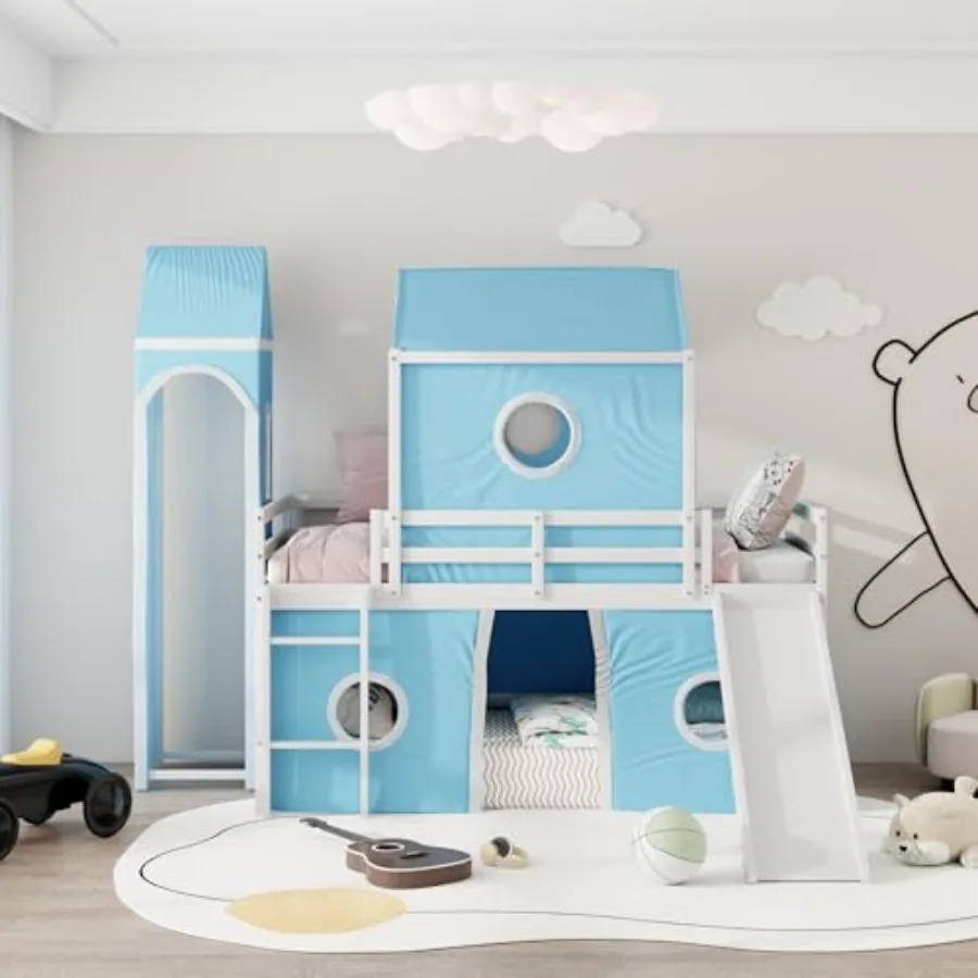 

Twin Size Bunk Bed Frame for Boys Girls Toddler with Blue Slide Blue Tent and Tower - Blue