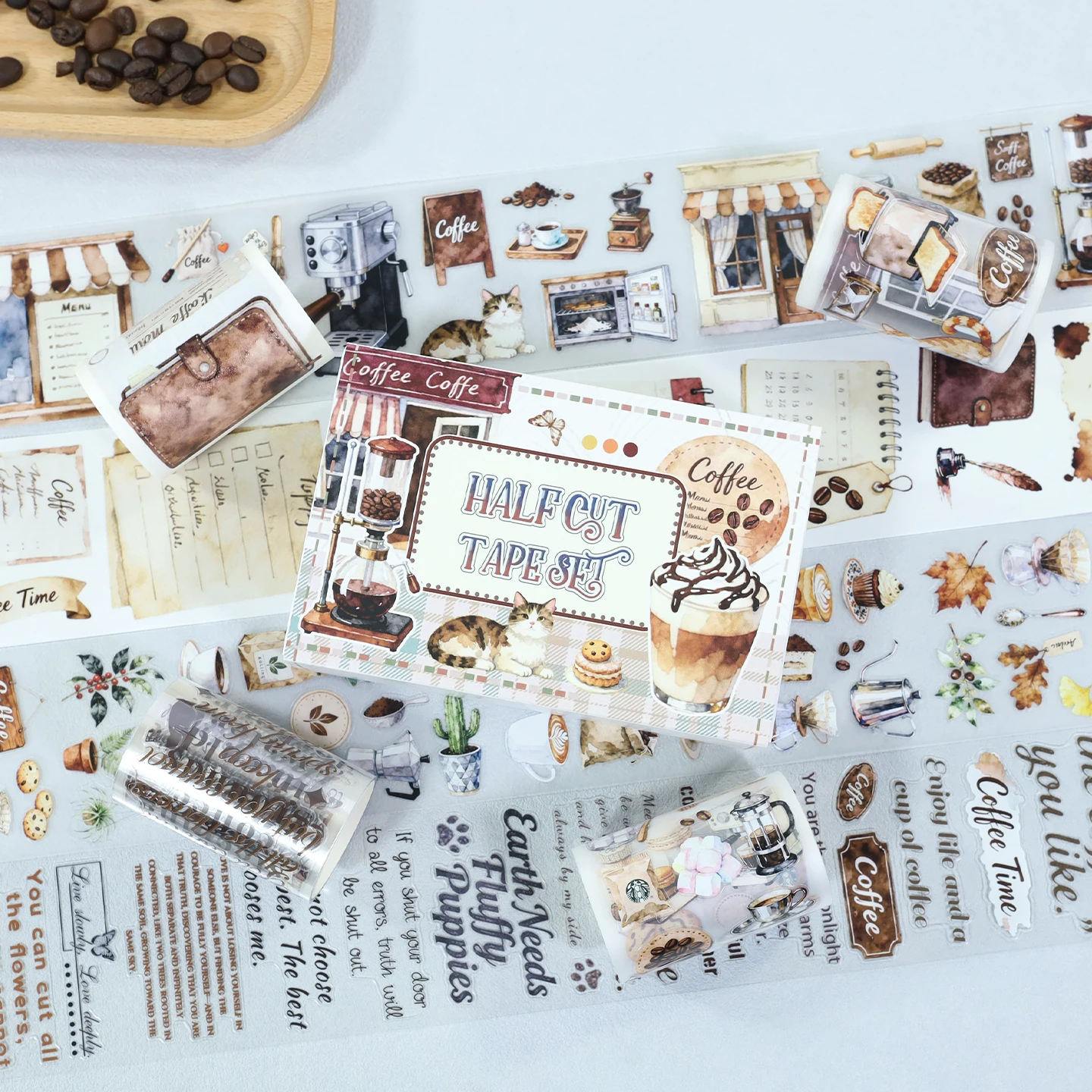 4Pcs/Set Matte Coffee Cat PET Washi Tape Pre-Cut Letter paper Masking Tape for Stickers Scrapbooking Journal Collage Material