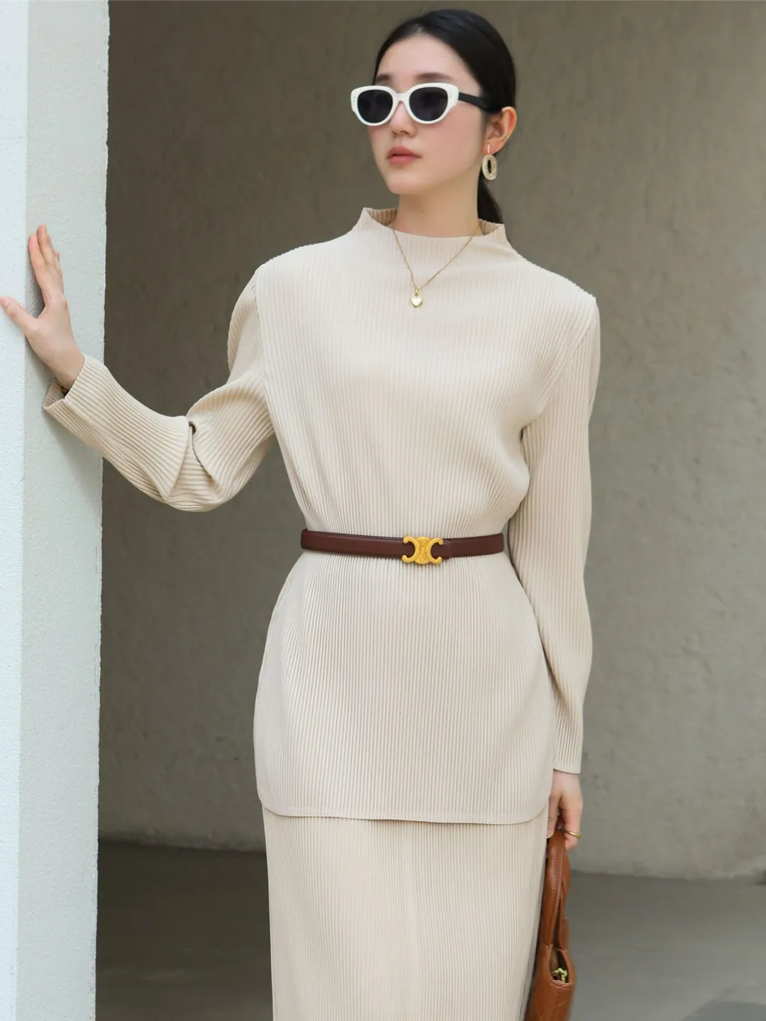 

Elegant Casual plus Size Loose Fit Midi Shirt And Skirt Set Women's High Collar Anti Wrinkle Polyester Long Sleeve Shirt