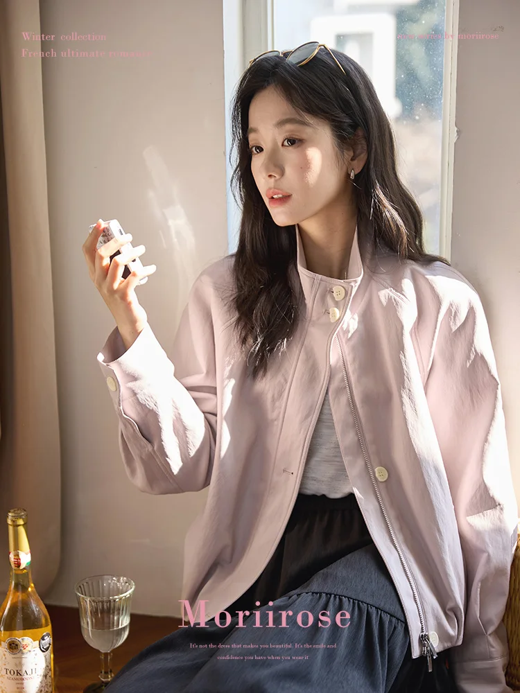 

Женская куртка Moriirose розово-фиолетового цвета, весенняя, винтажная, с индивидуальным дизайном, вставками на плечах, воротником-стойкой, подолом с цветочным узором, из искусственной кожи.