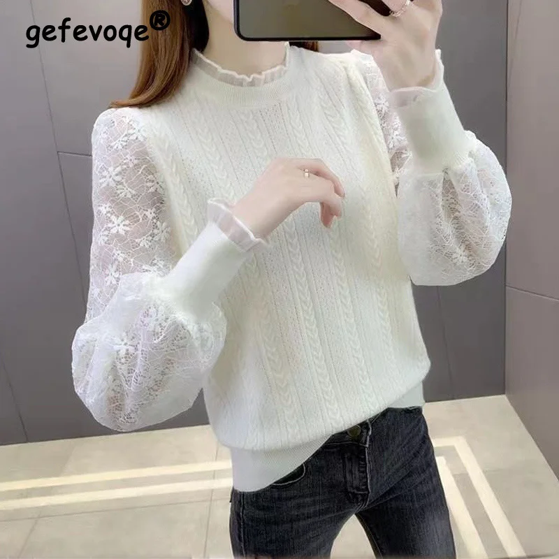 Women Lace Patchwork Chic Long Sleeve Soft Comfortable Knitted Sweater Spring Fall Fashion Solid Slim Pullover Basic Ladies Tops