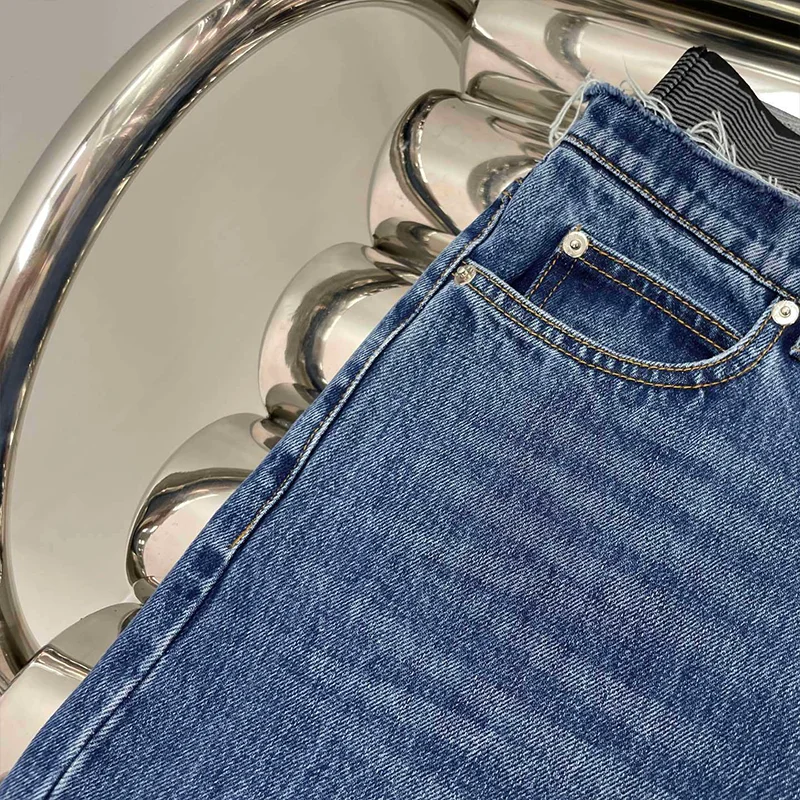 최고급 여성 데님 롱 팬츠, 워싱된 진청색, 고급스럽고 트렌디한 스타일 하이웨이스트 루즈핏 청바지 2596238