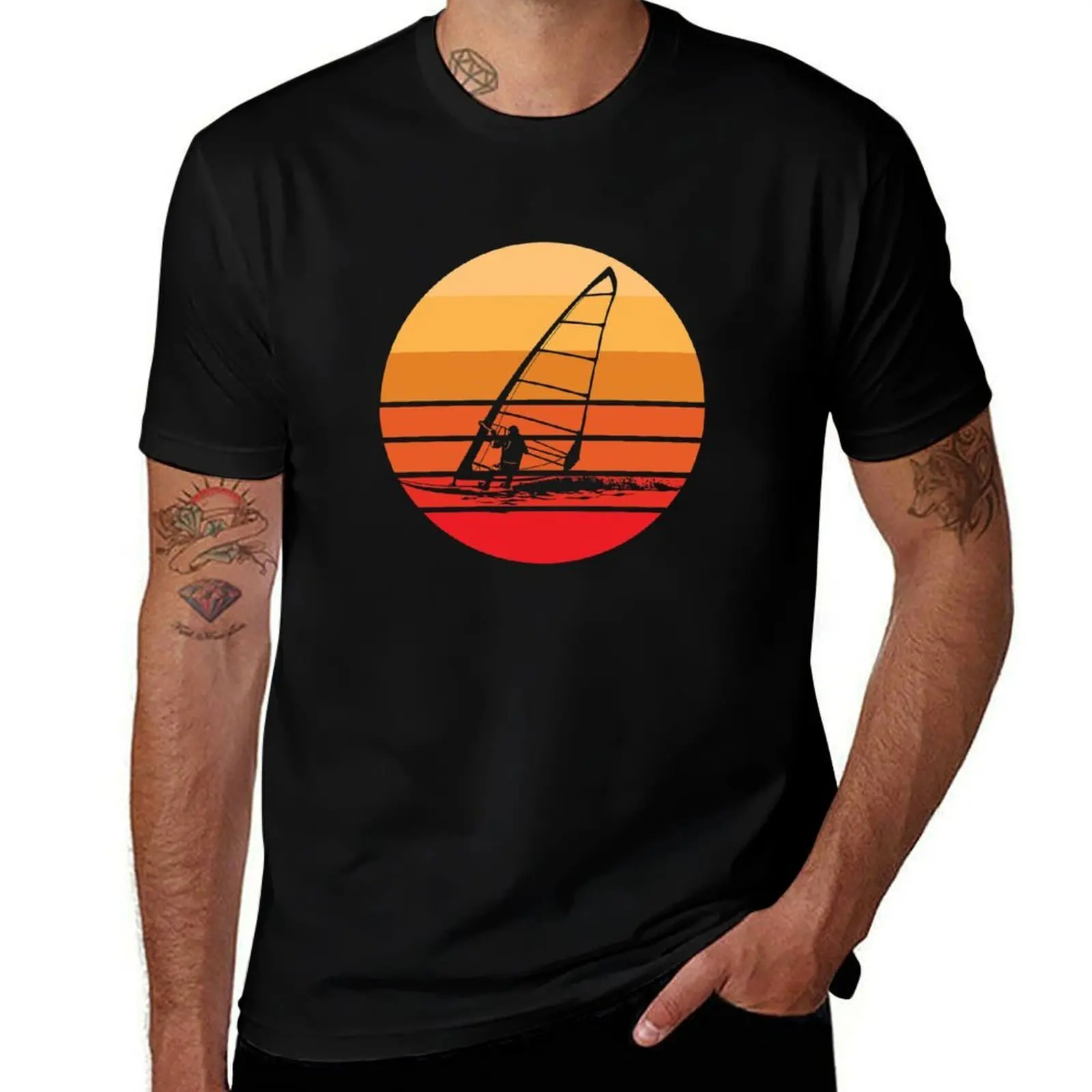 Windsurfing Retro Sunset T-Shirt Basic Short Sleeve Cotton Blend T-Shirt
