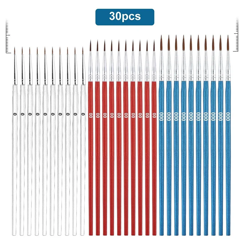 30 قطعة من فرش الطلاء الصغيرة، 3 مقاسات 0 00 000 فرش طلاء ذات طرف مبطنة صغيرة للحرف اليدوية والألوان المائية والأكريليك