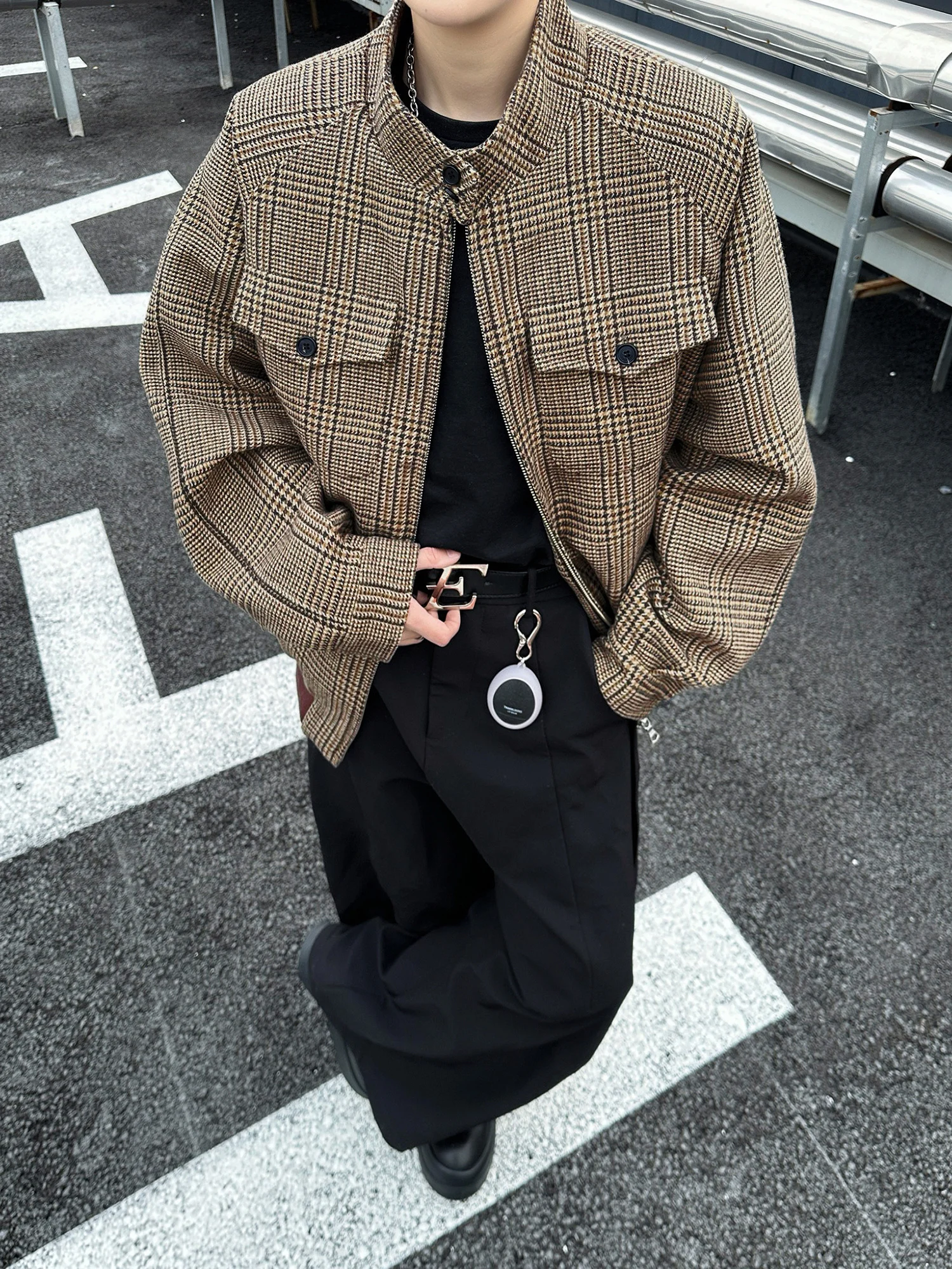 

Мужское шерстяное пальто в стиле ретро Sle с широким пошивкой Dogtooth Pattern Cleanfit Harrington Sle на молнии, длинное пальто све