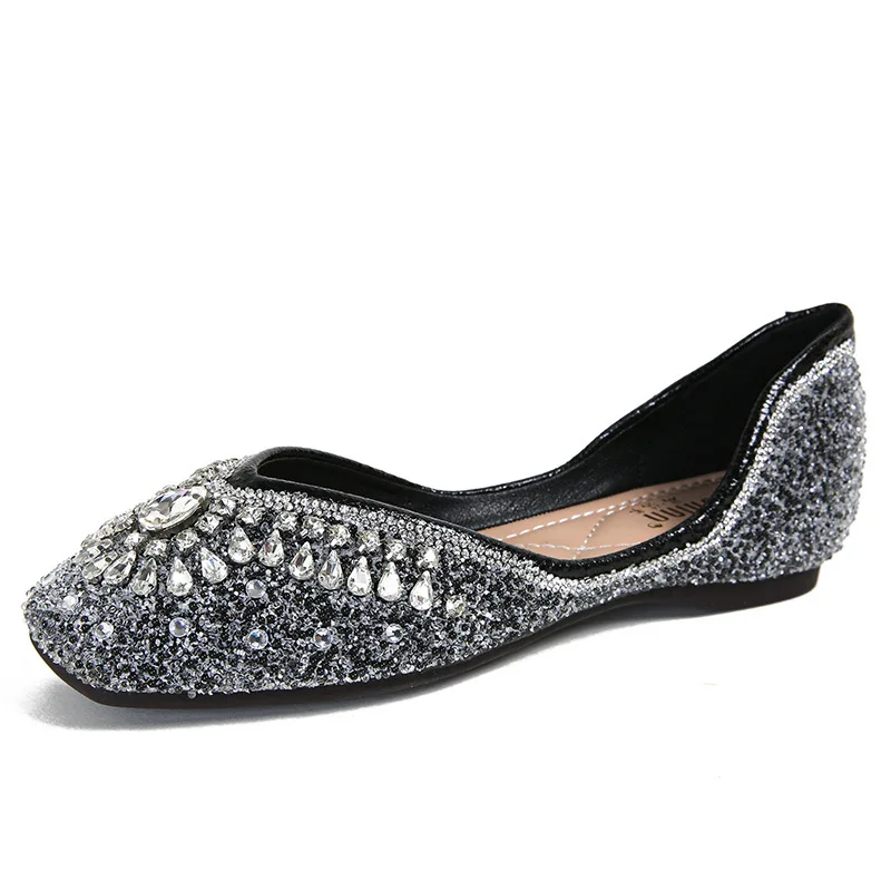 Mocasines de cristal suave que combinan con todo para mujer, zapatos informales con punta cuadrada, zapatillas planas, boca baja, diamantes de imitación, nueva Cruz