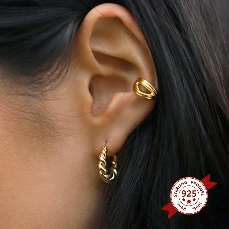 Perforation 925 Sterling Silver Ear Needle Minimalist Hoop Earrings Metallic Style Gold Earrings For Women CZ Fashion Jewelry