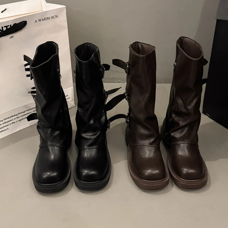 Retro-Oberschenkelstiefel für Damen, 2025, Herbst, neue hohe, plissierte Florhose, Röhrenstiefel