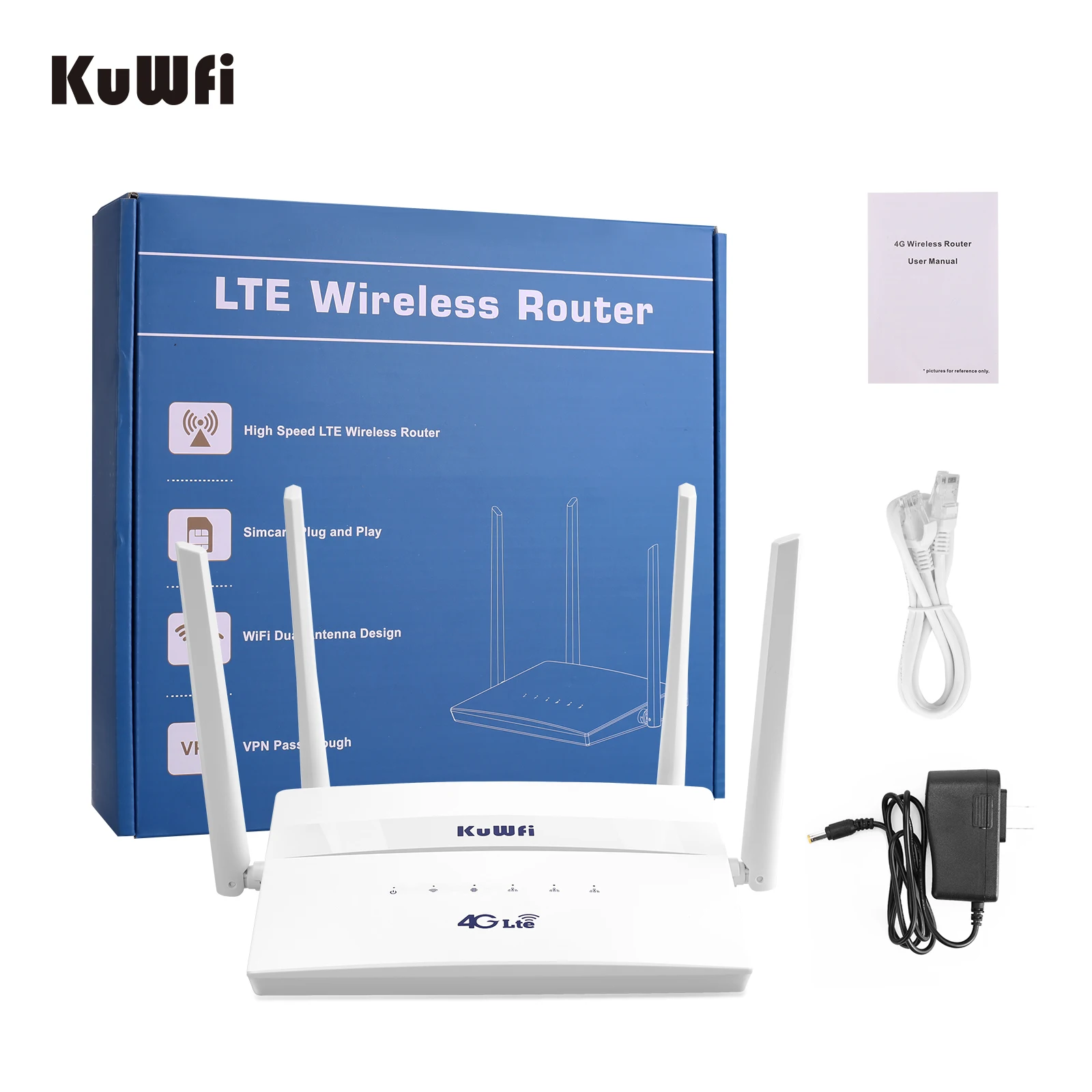 KuWFi CAT4 4G LTE Router 2.4G 300Mbps 5.8G 450Mbps Dual Band Wireless Wifi Router with LAN WAN Port Sim Card Slot for 32 Users