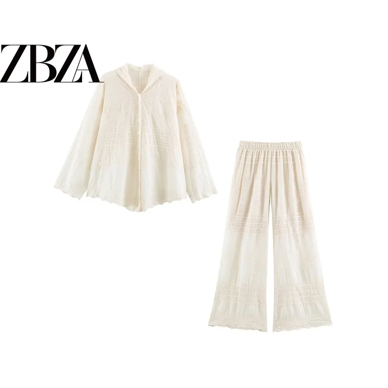 Fashionable Long Sleeve Shirt And Wide Leg Pants Two Piece Set ZR Wind Soft Texture Turn down Collar Women's Summer Outfit