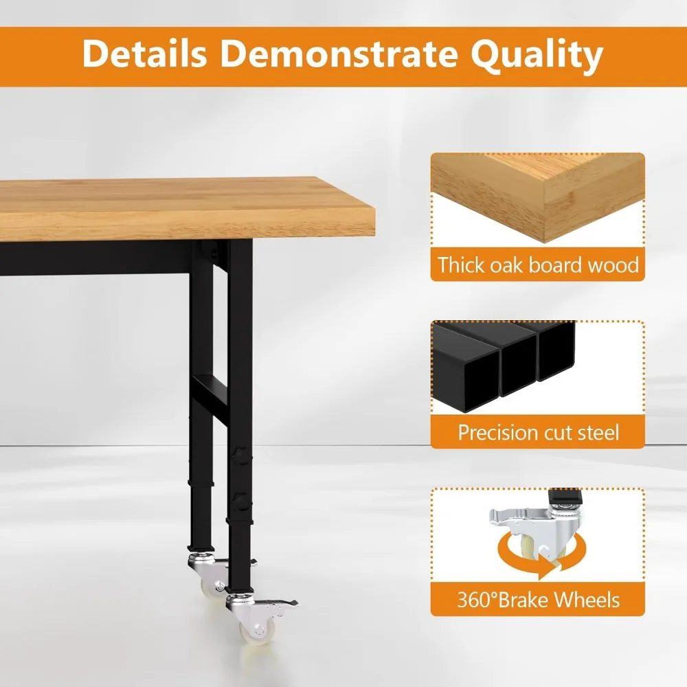 منضدة عمل من الخشب الصلب شديدة التحمل مع ارتفاع وعجلات قابلة للتعديل، سعة 2000 رطل، تتضمن منافذ الطاقة، القوة الصناعية #5