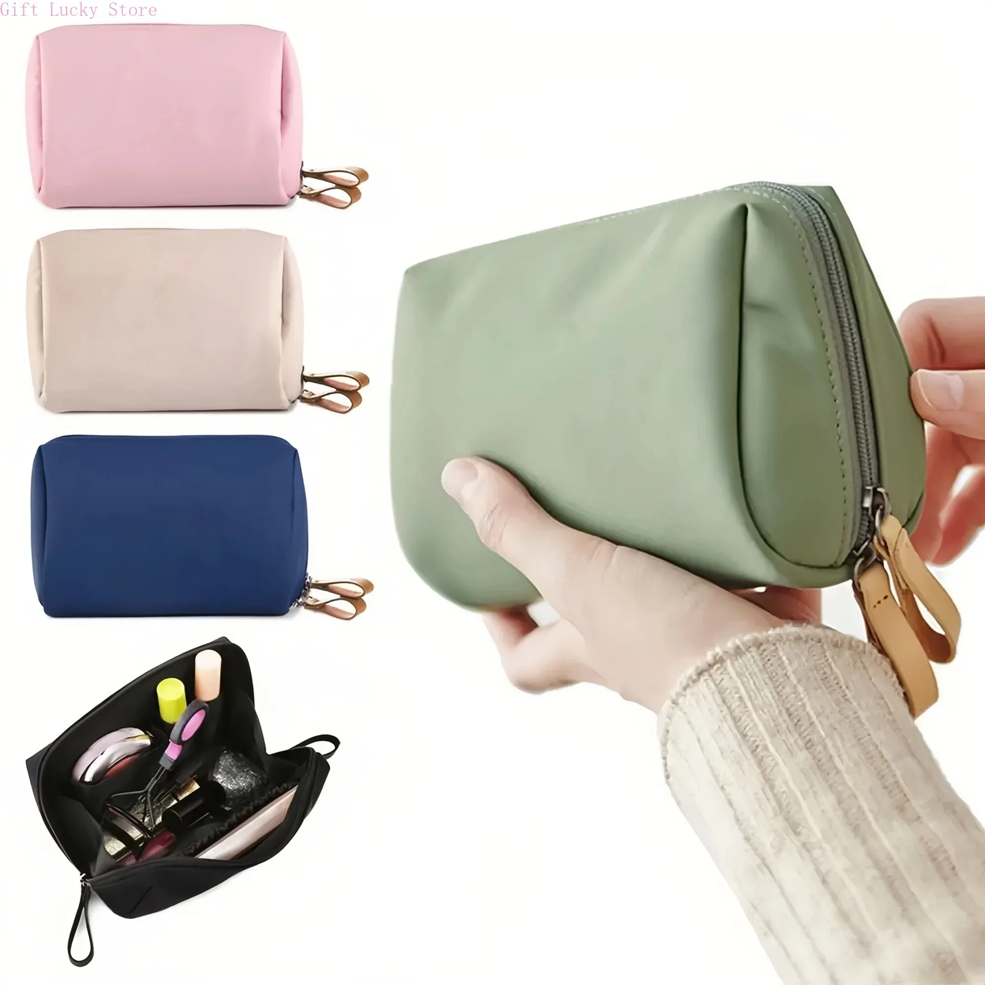 

Large Cosmetic Organizer Bag - Compact travel toiletry bag, women's textured polyester fabric makeup pouch.A-tan