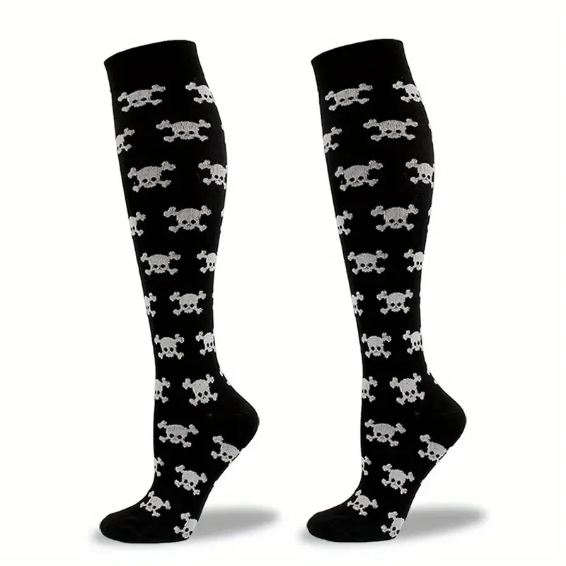 1pair Men\'s Halloween Compression Long Socks, Skull Pattern Socks, Comfy Breathable Casual Socks