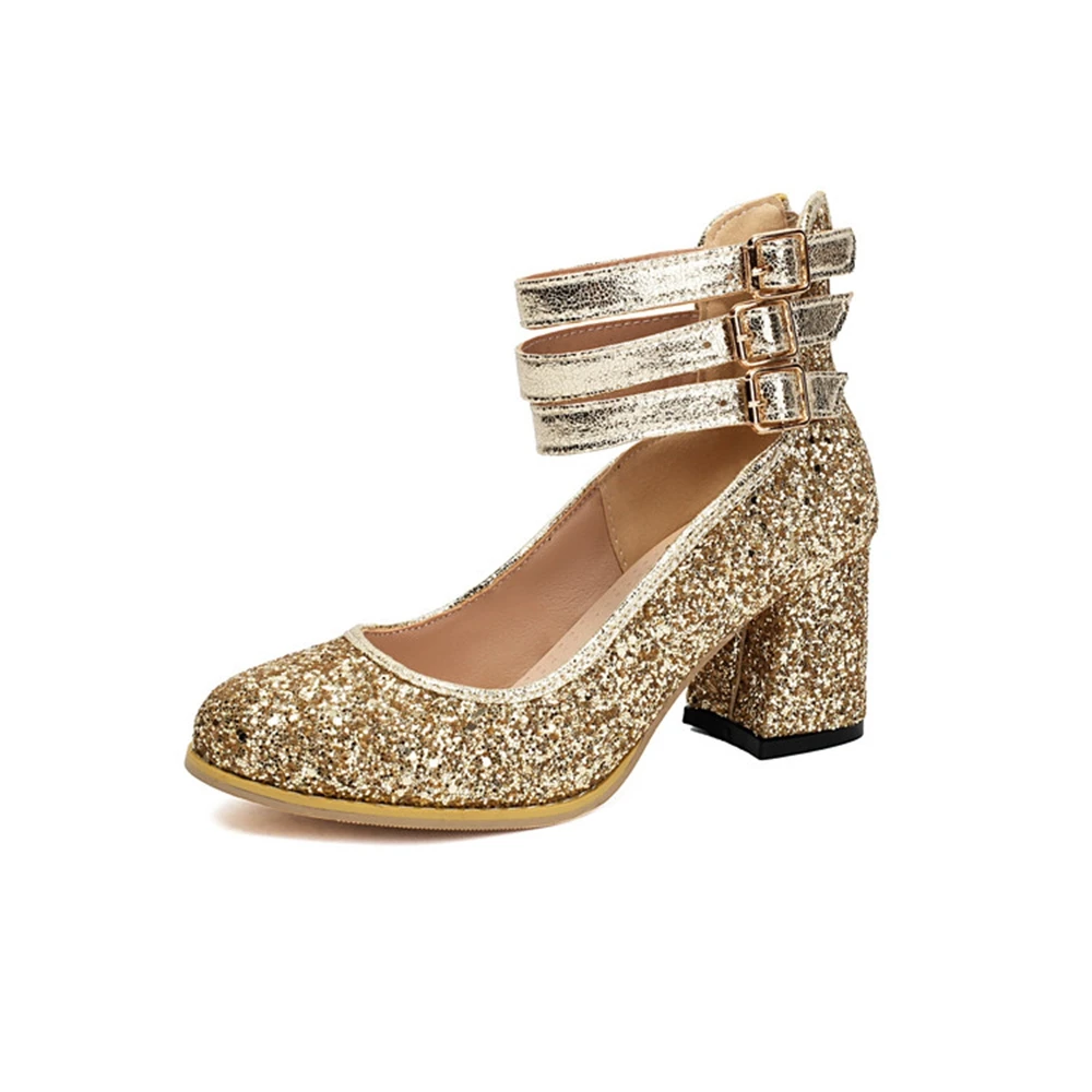 BLXQPYT Women Glitter Mary Jane Pumps Triple Ankle Buckle Back Zipper Block Heel Party Shoes Big Size 34‑48 866